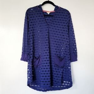 Dakini Blue Beach Netted Hoodie Swim Cover Up Size L